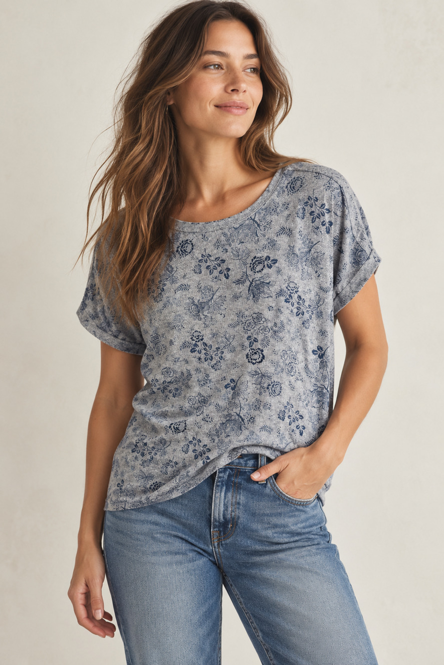 New Lucky Brand Size XXL Blue Gray Floral Print Cap Sleeve Tee Knit Shirt